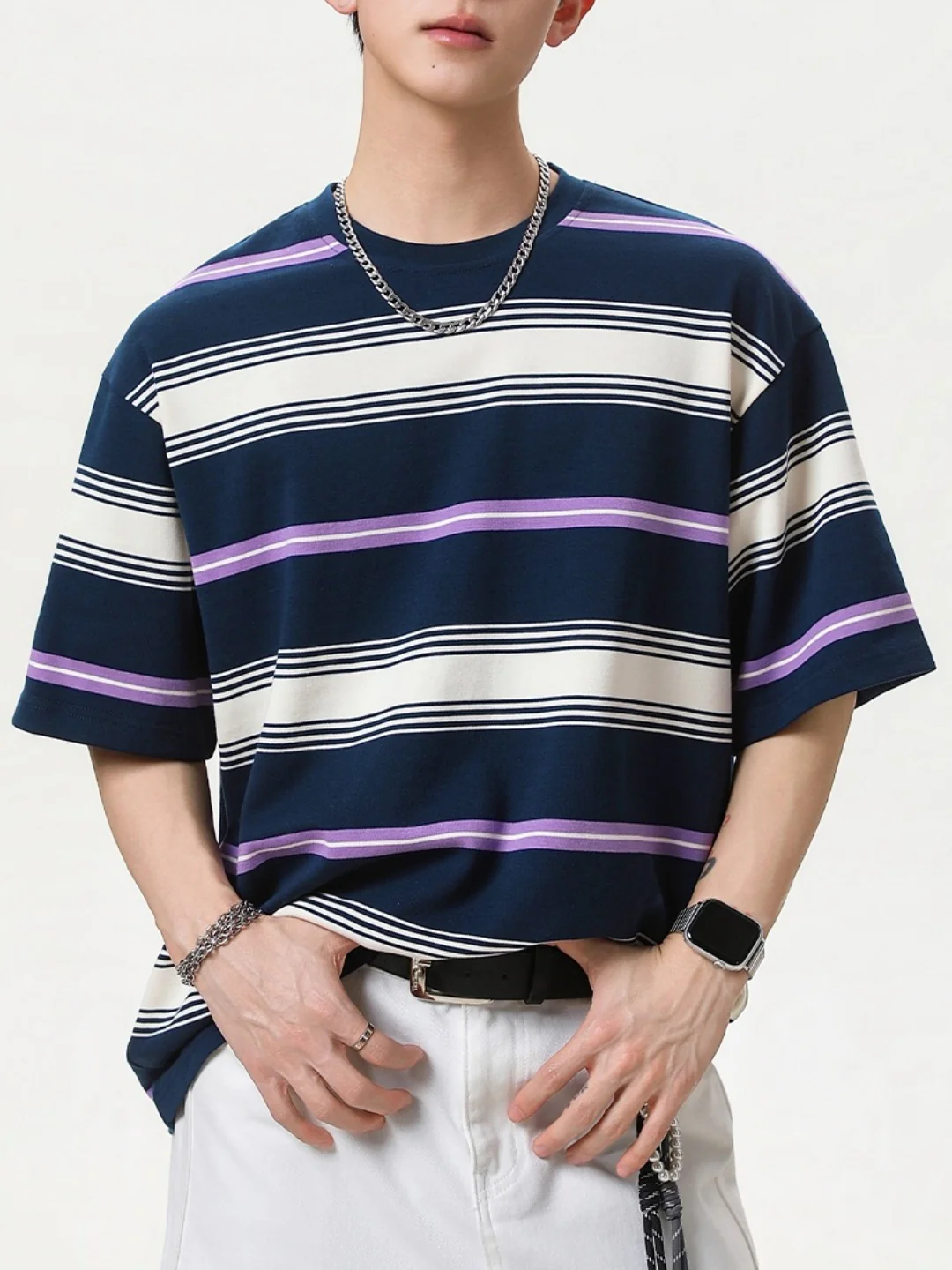 Color-blocked Stripes Loose-fit T-shirts - Image 4