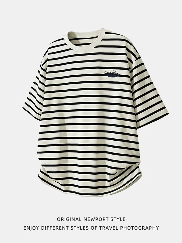 Color-blocked Stripes Letter Applique T-shirts - Image 4