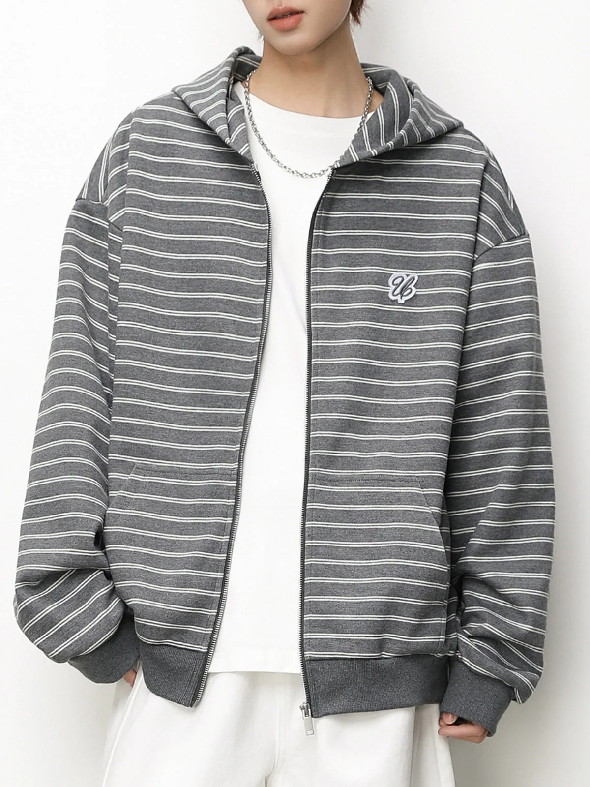 Color-blocked Horizontal Stripe Boxy Hoodies - Image 7