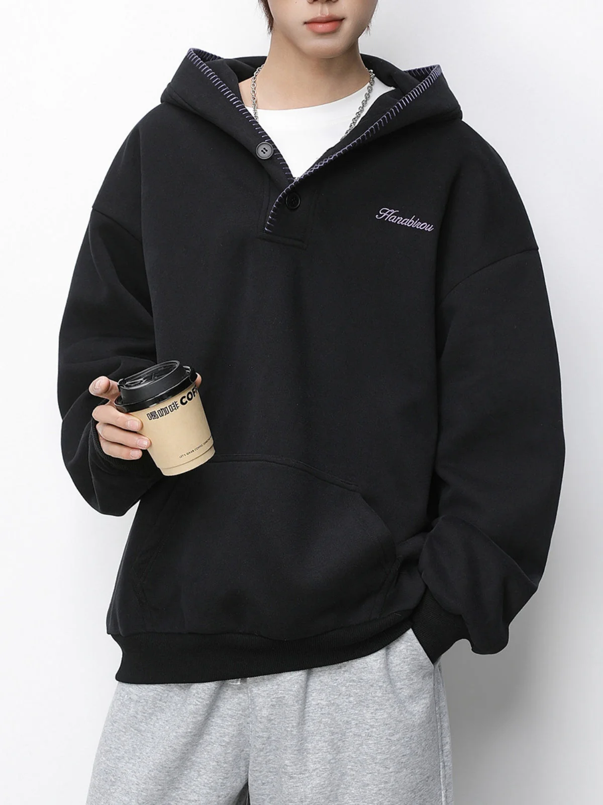 Color-blocked Half-open Collar Hoodie - Image 4