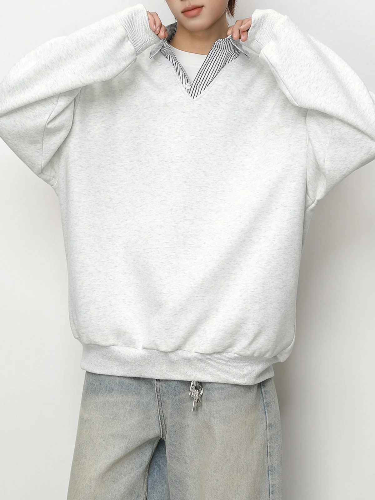 Layered-look Vertical Stripe Shirt Collar Polo - Image 2