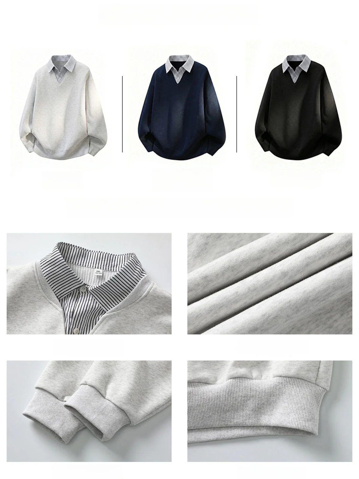 Layered-look Vertical Stripe Shirt Collar Polo - Image 4