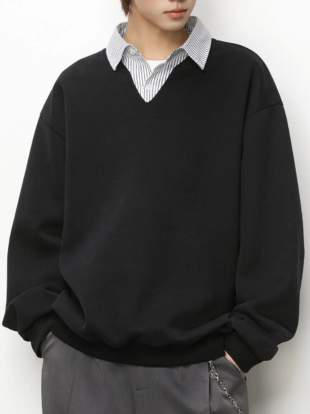 Layered-look Vertical Stripe Shirt Collar Polo - Image 5