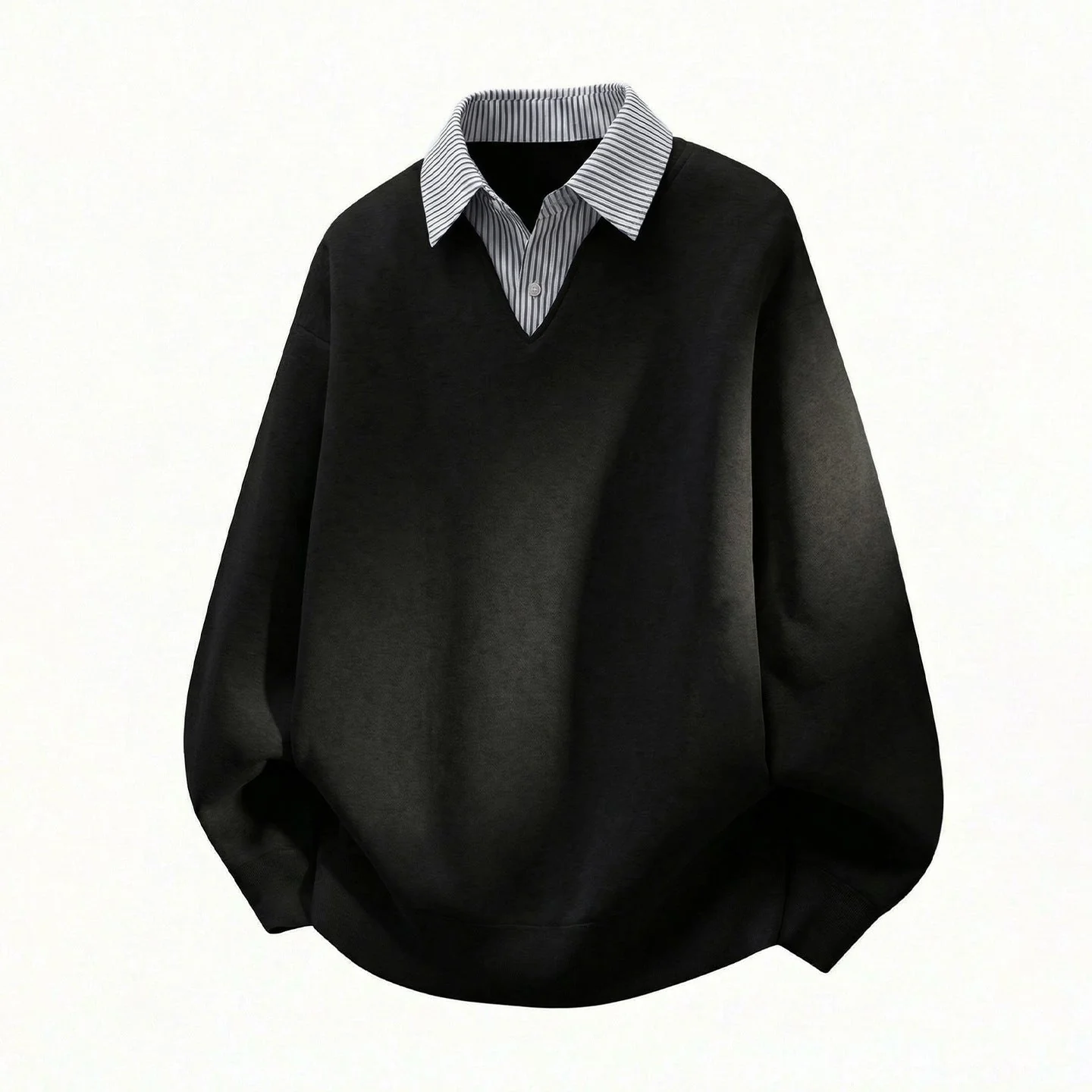 Layered-look Vertical Stripe Shirt Collar Polo - Image 6