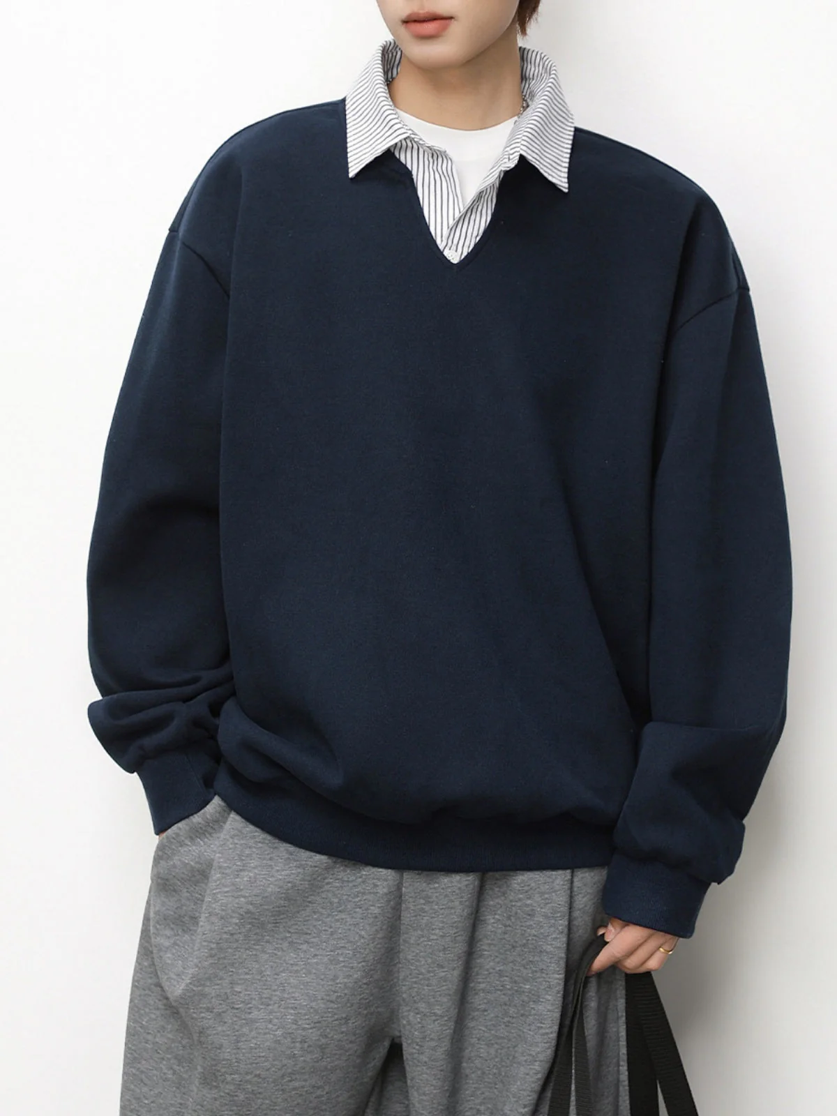 Layered-look Vertical Stripe Shirt Collar Polo - Image 7