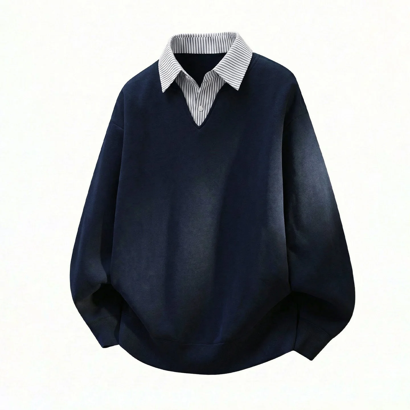 Layered-look Vertical Stripe Shirt Collar Polo - Image 8