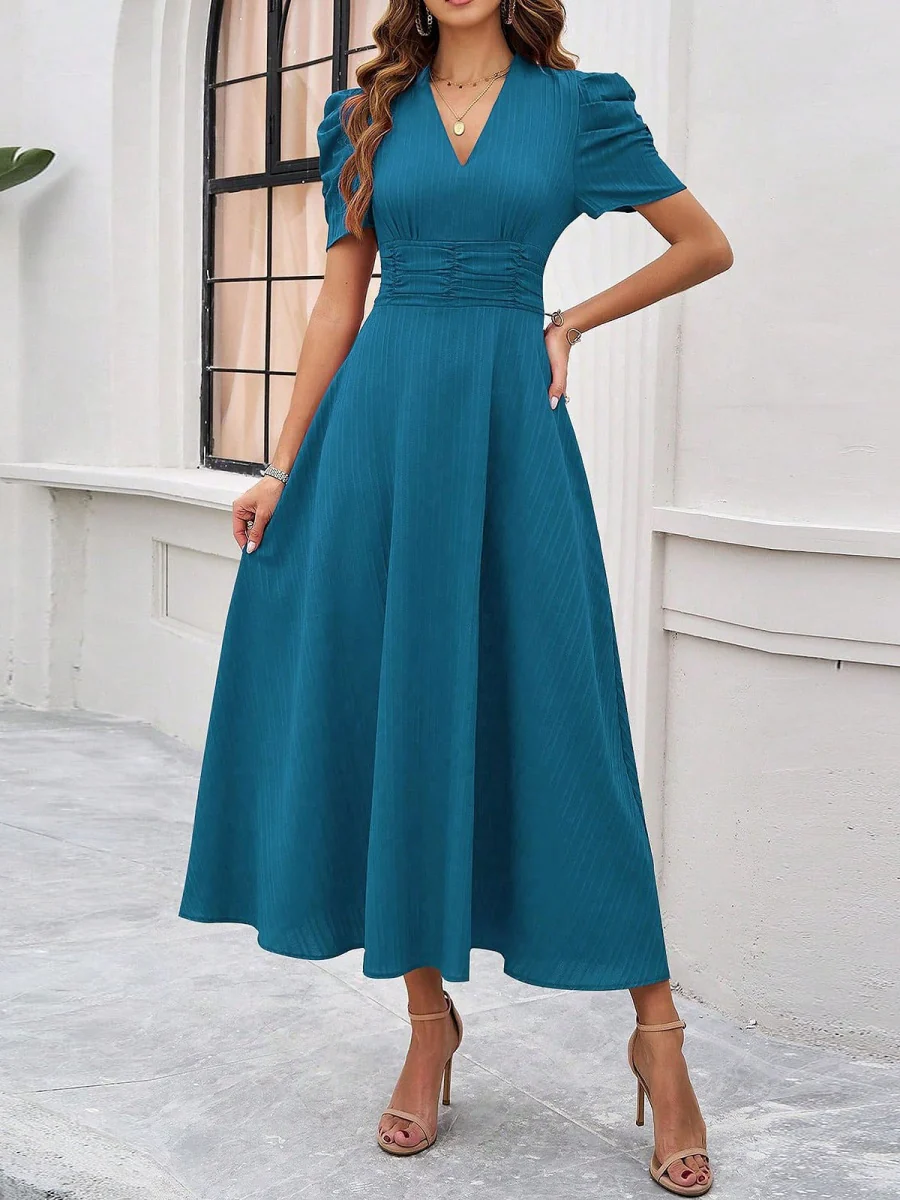 Pleated Waist Short Sleeve Maxi Dresses - Image 11