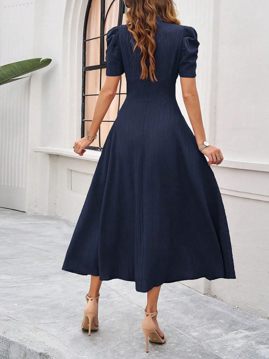 Pleated Waist Short Sleeve Maxi Dresses - Image 12
