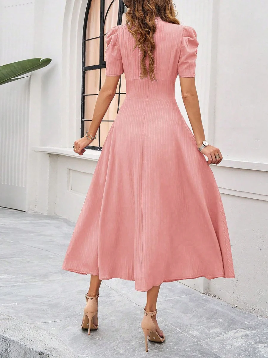 Pleated Waist Short Sleeve Maxi Dresses - Image 15