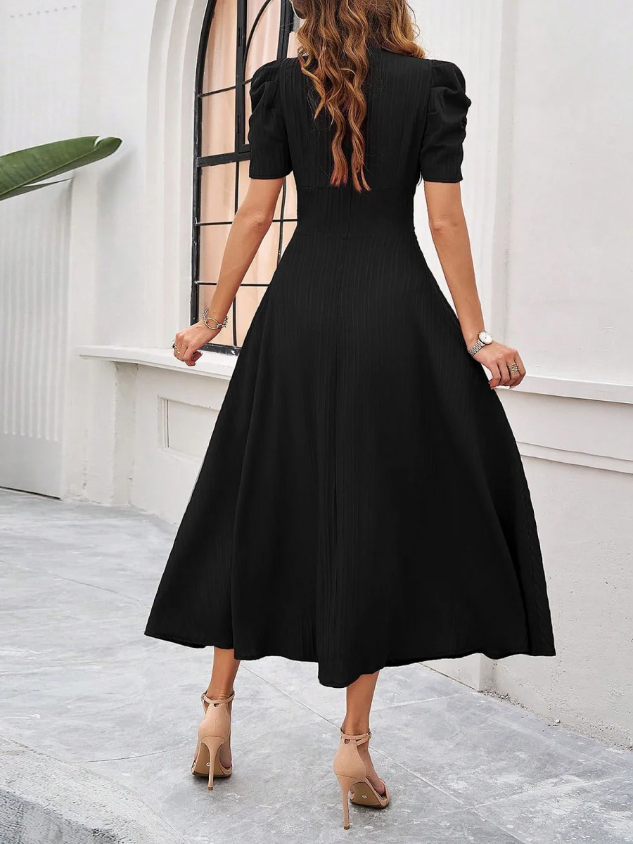 Pleated Waist Short Sleeve Maxi Dresses - Image 16