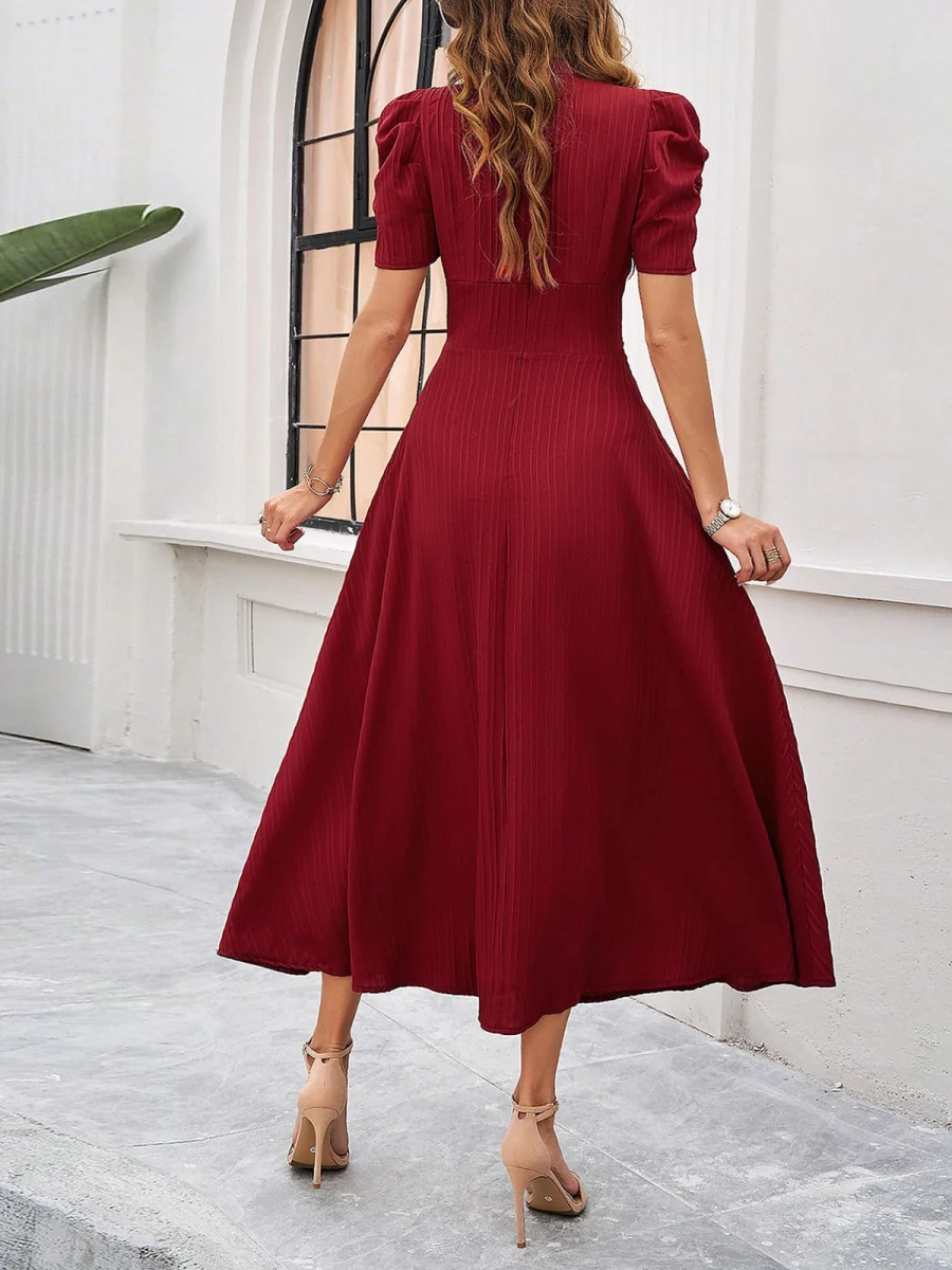 Pleated Waist Short Sleeve Maxi Dresses - Image 19