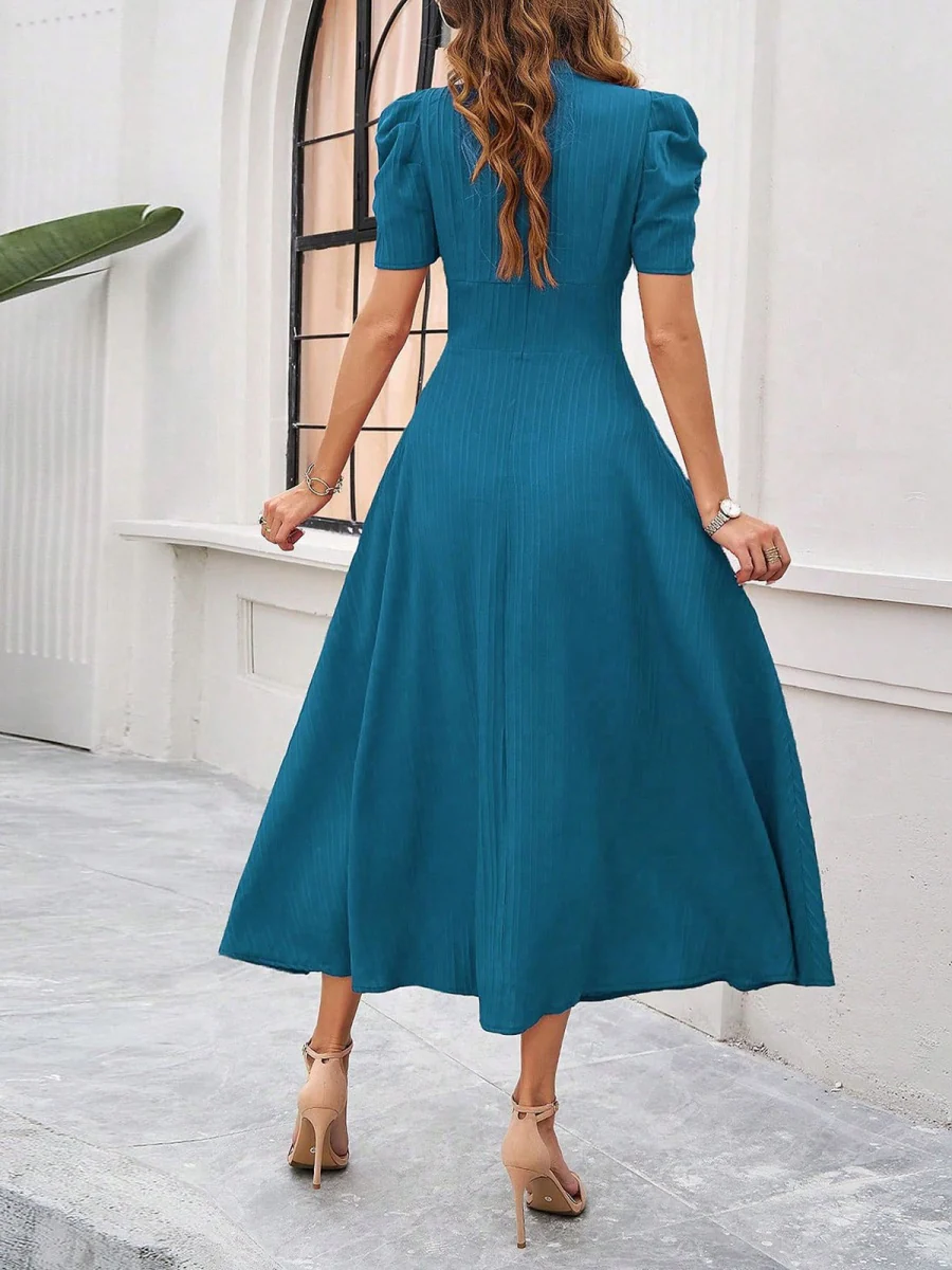 Pleated Waist Short Sleeve Maxi Dresses - Image 20