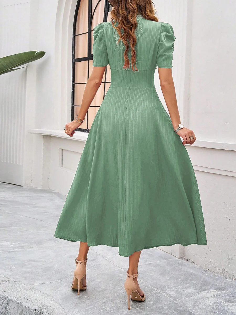 Pleated Waist Short Sleeve Maxi Dresses - Image 21