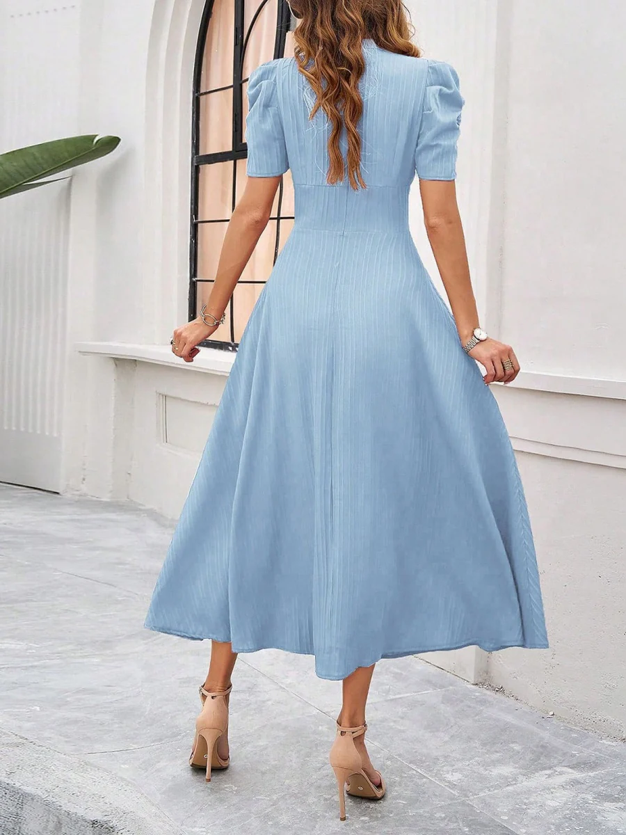 Pleated Waist Short Sleeve Maxi Dresses - Image 22