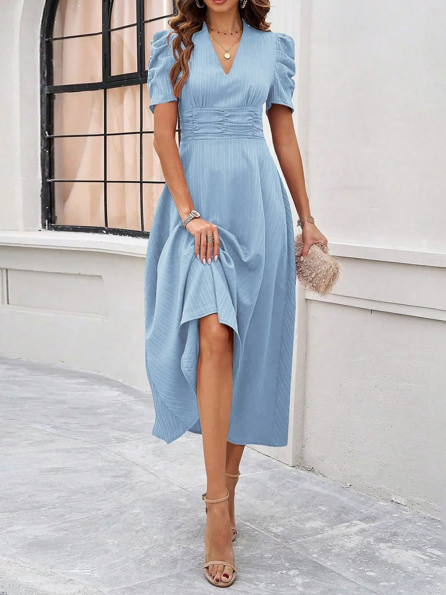 Pleated Waist Short Sleeve Maxi Dresses - Image 26