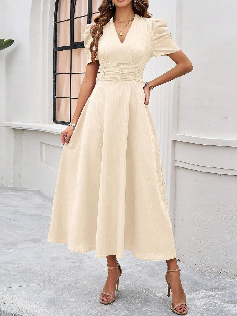 Pleated Waist Short Sleeve Maxi Dresses - Image 30