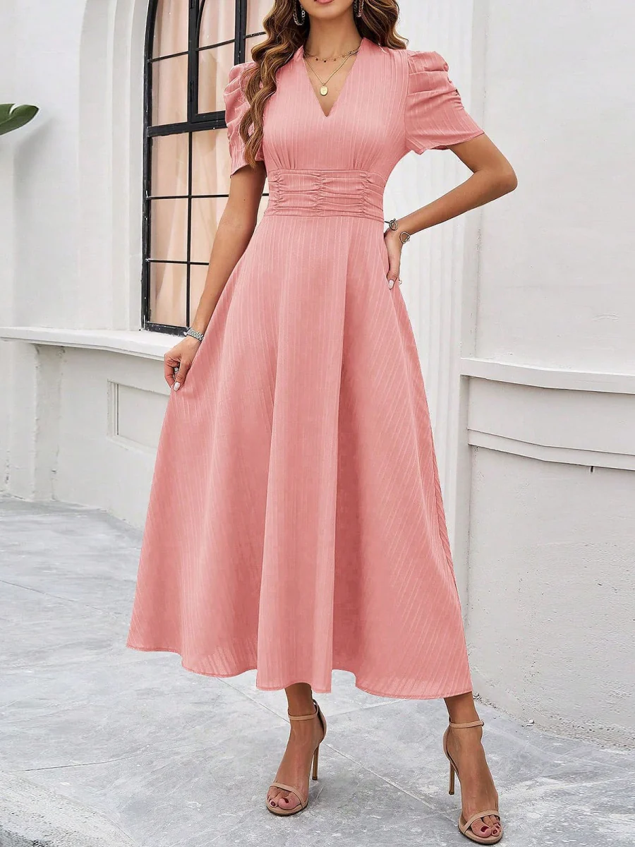 Pleated Waist Short Sleeve Maxi Dresses - Image 31