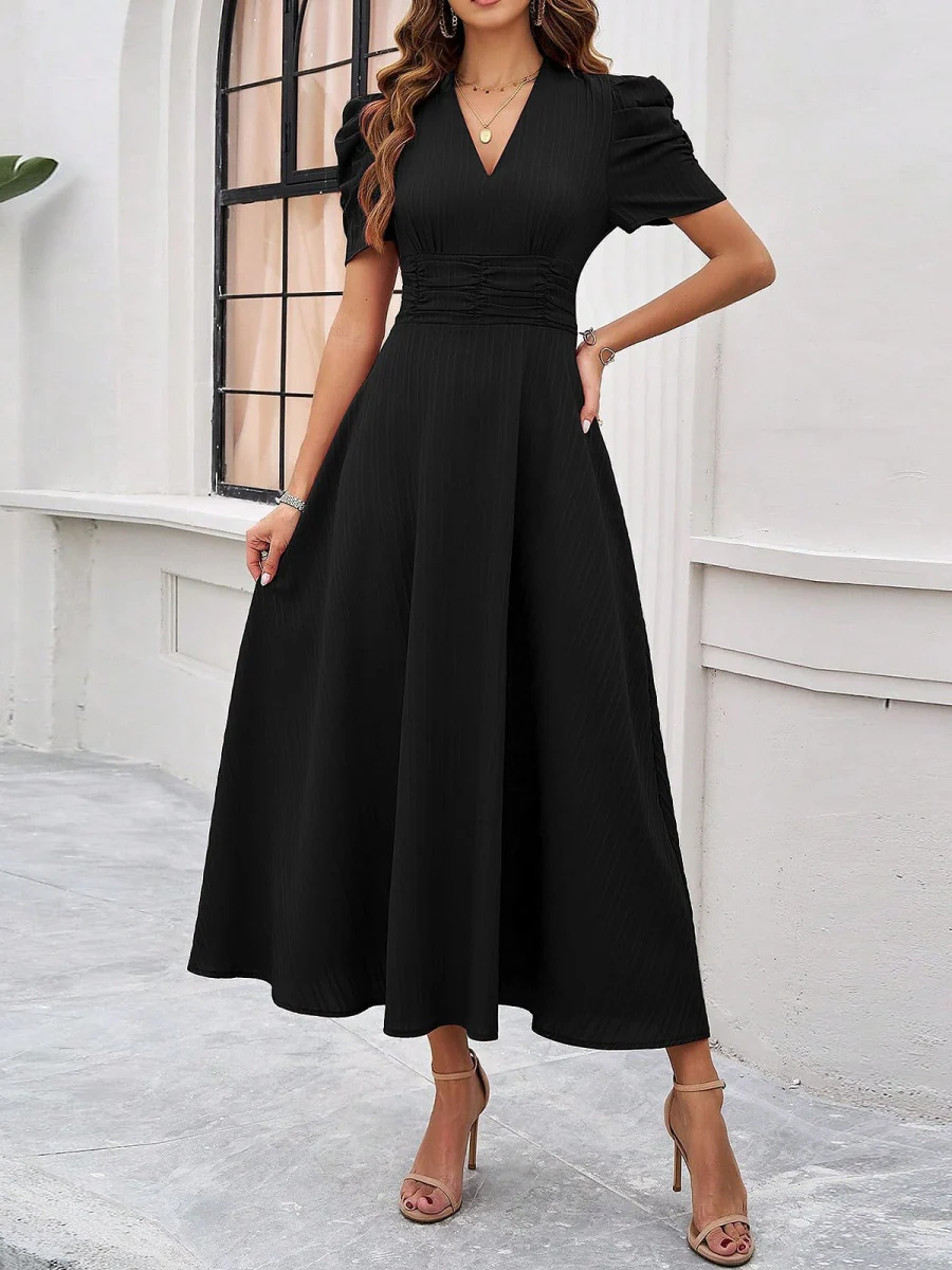 Pleated Waist Short Sleeve Maxi Dresses - Image 32