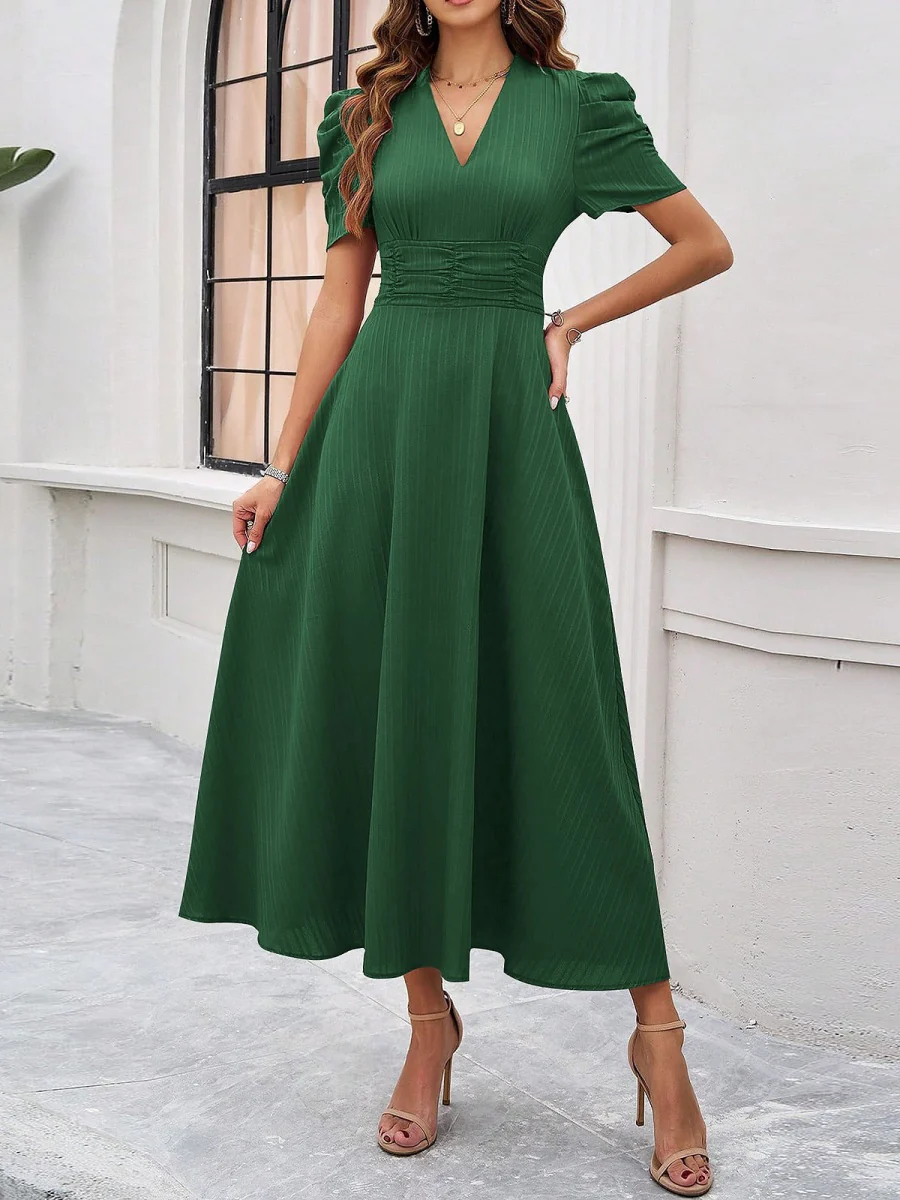 Pleated Waist Short Sleeve Maxi Dresses - Image 33