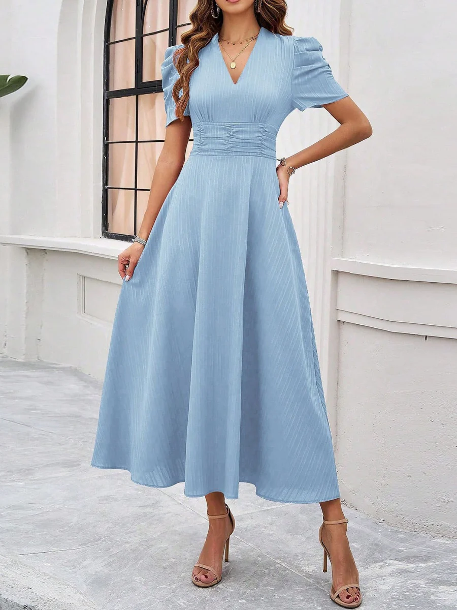 Pleated Waist Short Sleeve Maxi Dresses - Image 4