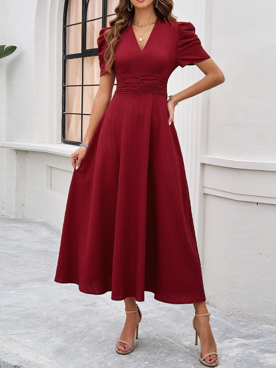 Pleated Waist Short Sleeve Maxi Dresses - Image 5