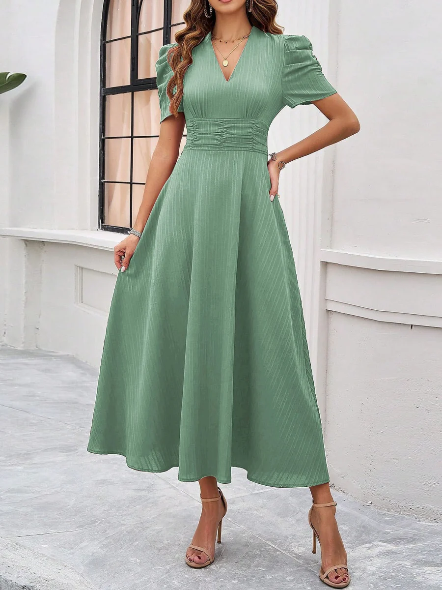 Pleated Waist Short Sleeve Maxi Dresses - Image 6