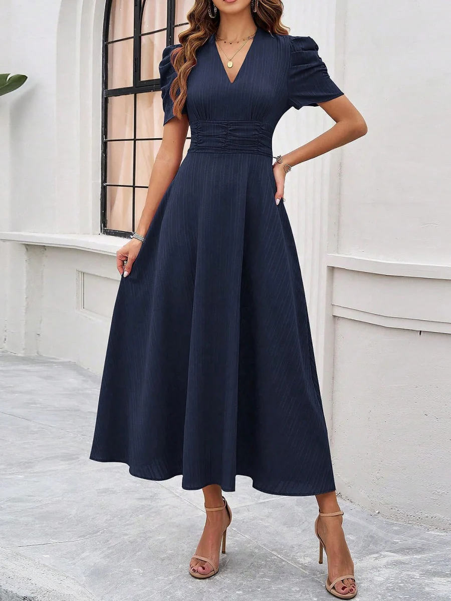 Pleated Waist Short Sleeve Maxi Dresses - Image 7