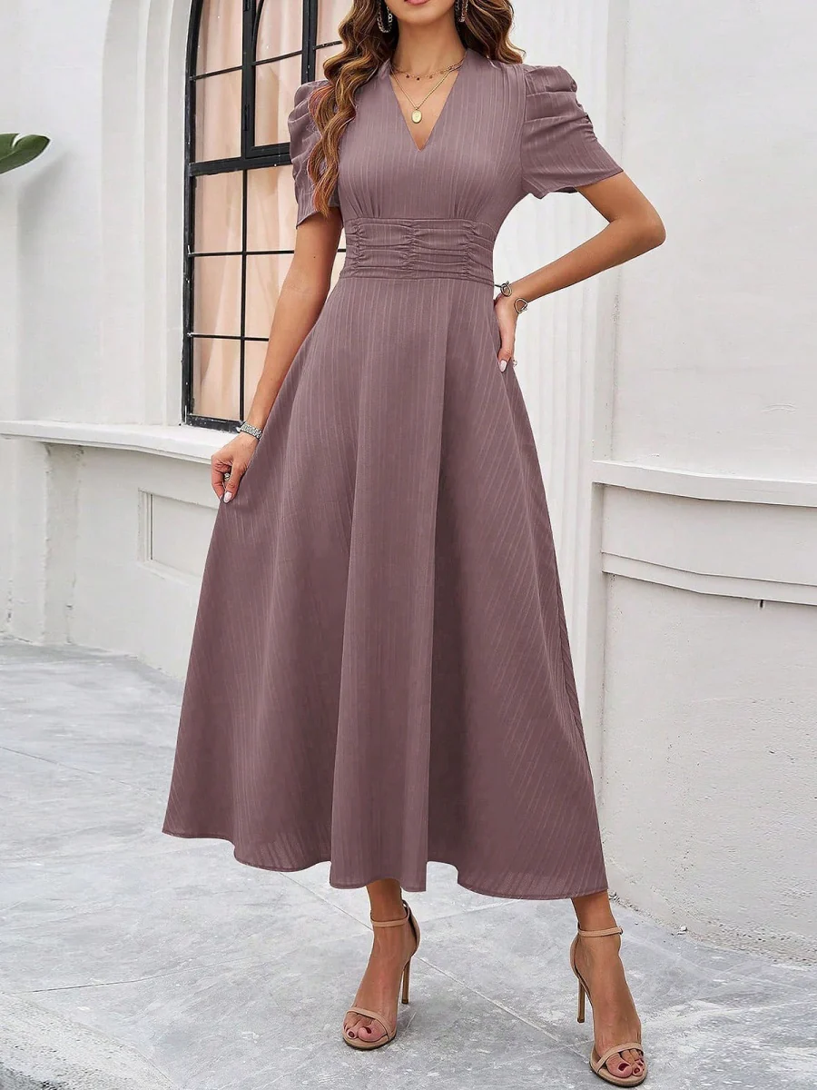 Pleated Waist Short Sleeve Maxi Dresses - Image 8
