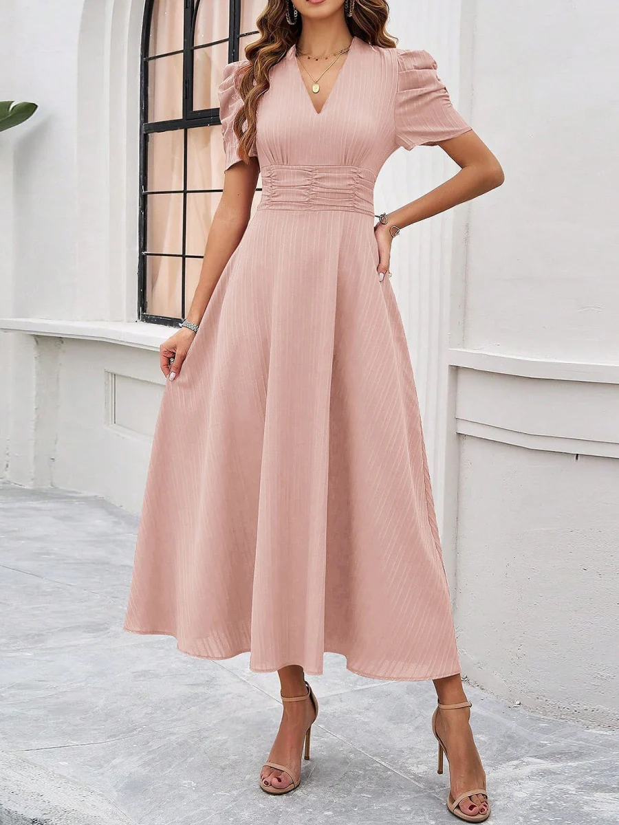 Pleated Waist Short Sleeve Maxi Dresses - Image 9