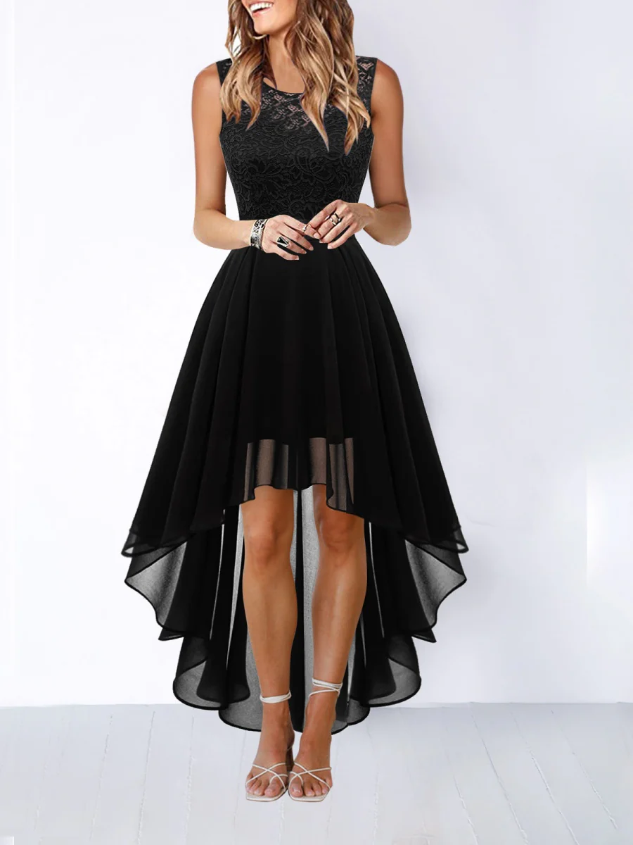 Lace Stitching Irregular Hem Waist Maxi Dresses - Image 3