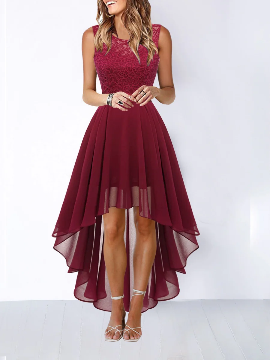 Lace Stitching Irregular Hem Waist Maxi Dresses - Image 5