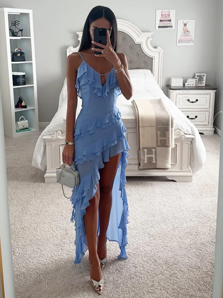 Multi-layer Ruffles Irregular Slit V-neck Vacation Maxi Dresses