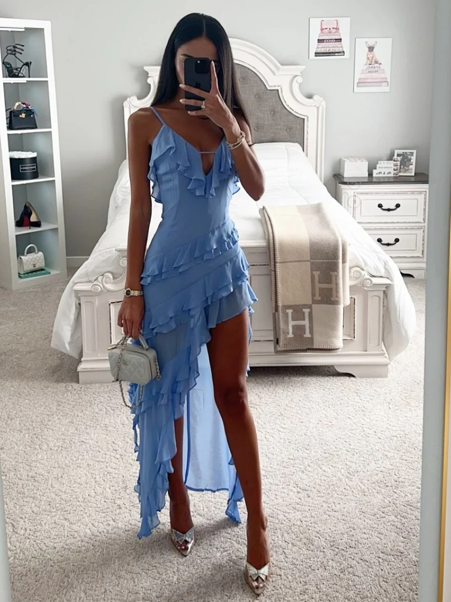 Multi-layer Ruffles Irregular Slit V-neck Vacation Maxi Dresses - Image 2