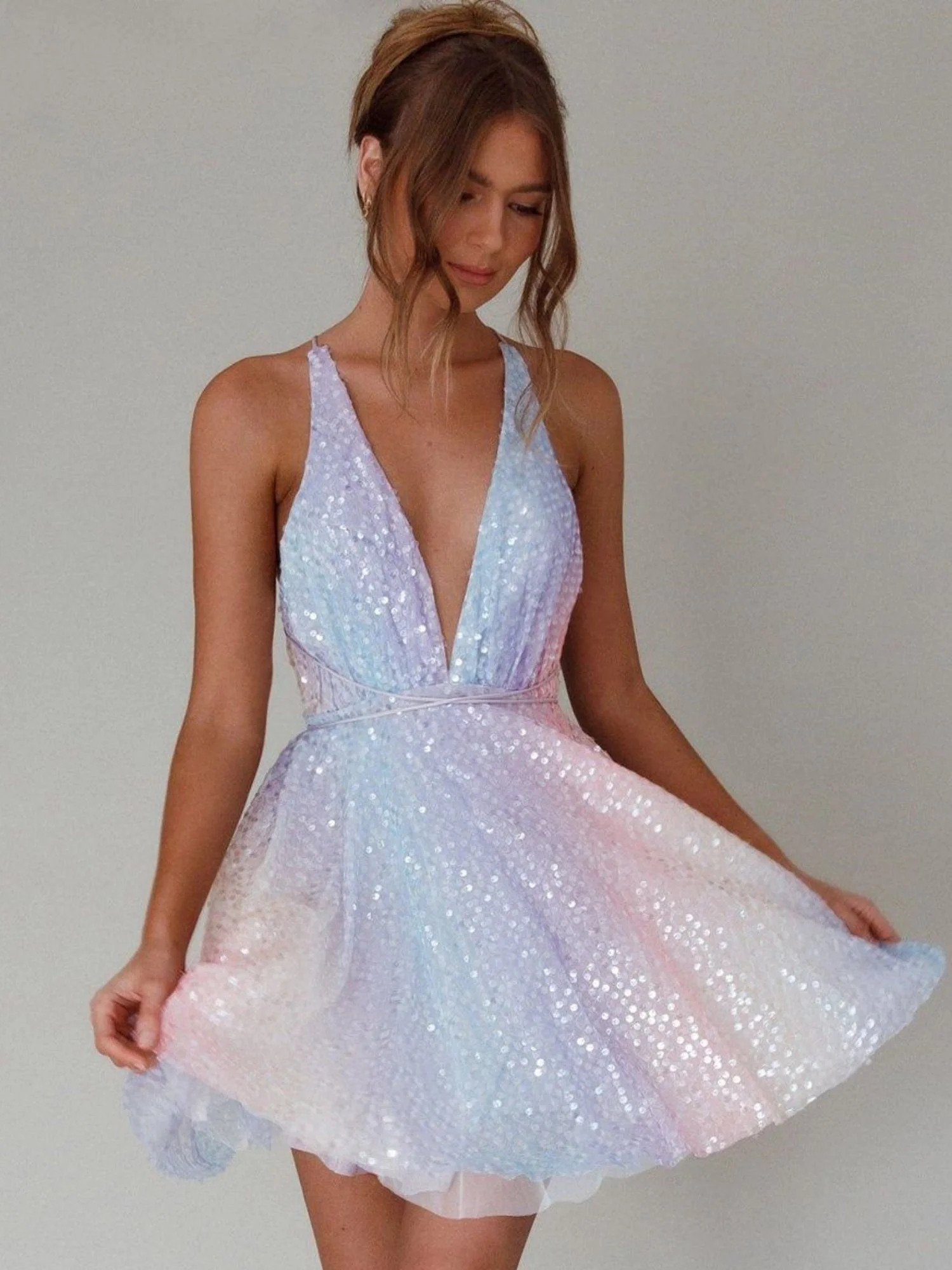 Sequins Bow Tie Deep V-neck Suspenders Backless Mini&Short Dresses - Image 3