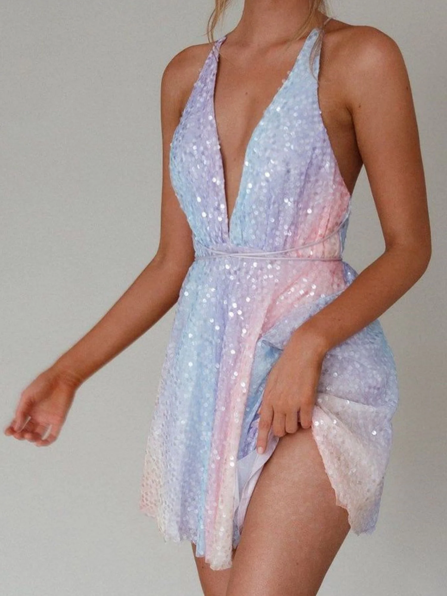 Sequins Bow Tie Deep V-neck Suspenders Backless Mini&Short Dresses - Image 4