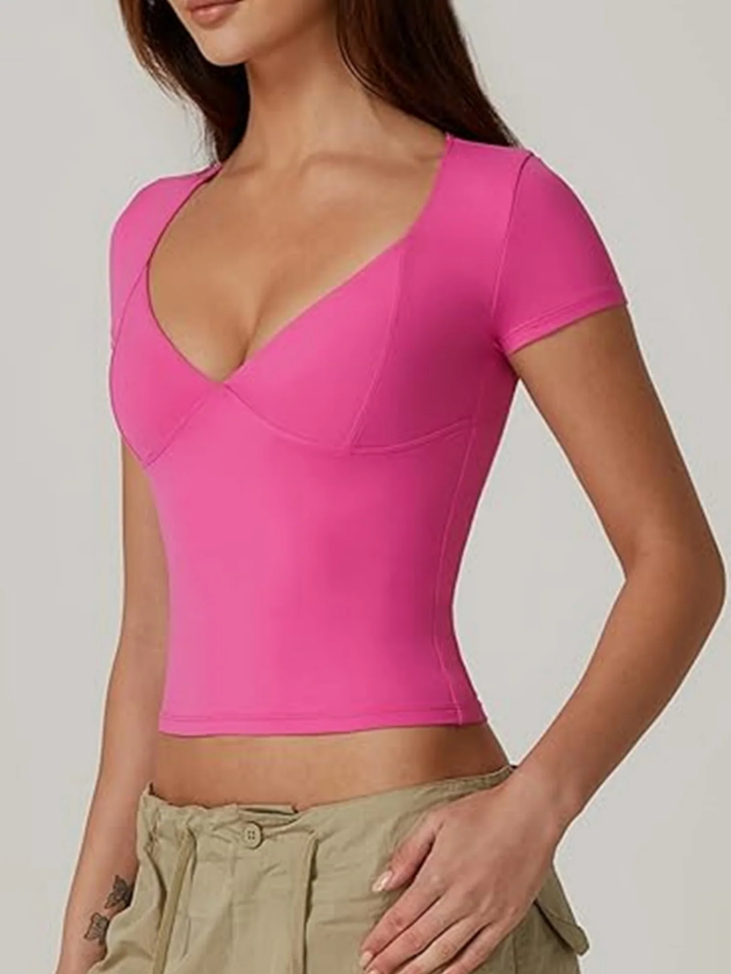 V-neck Short Sleeves Slim-fit T-shirts - Image 3