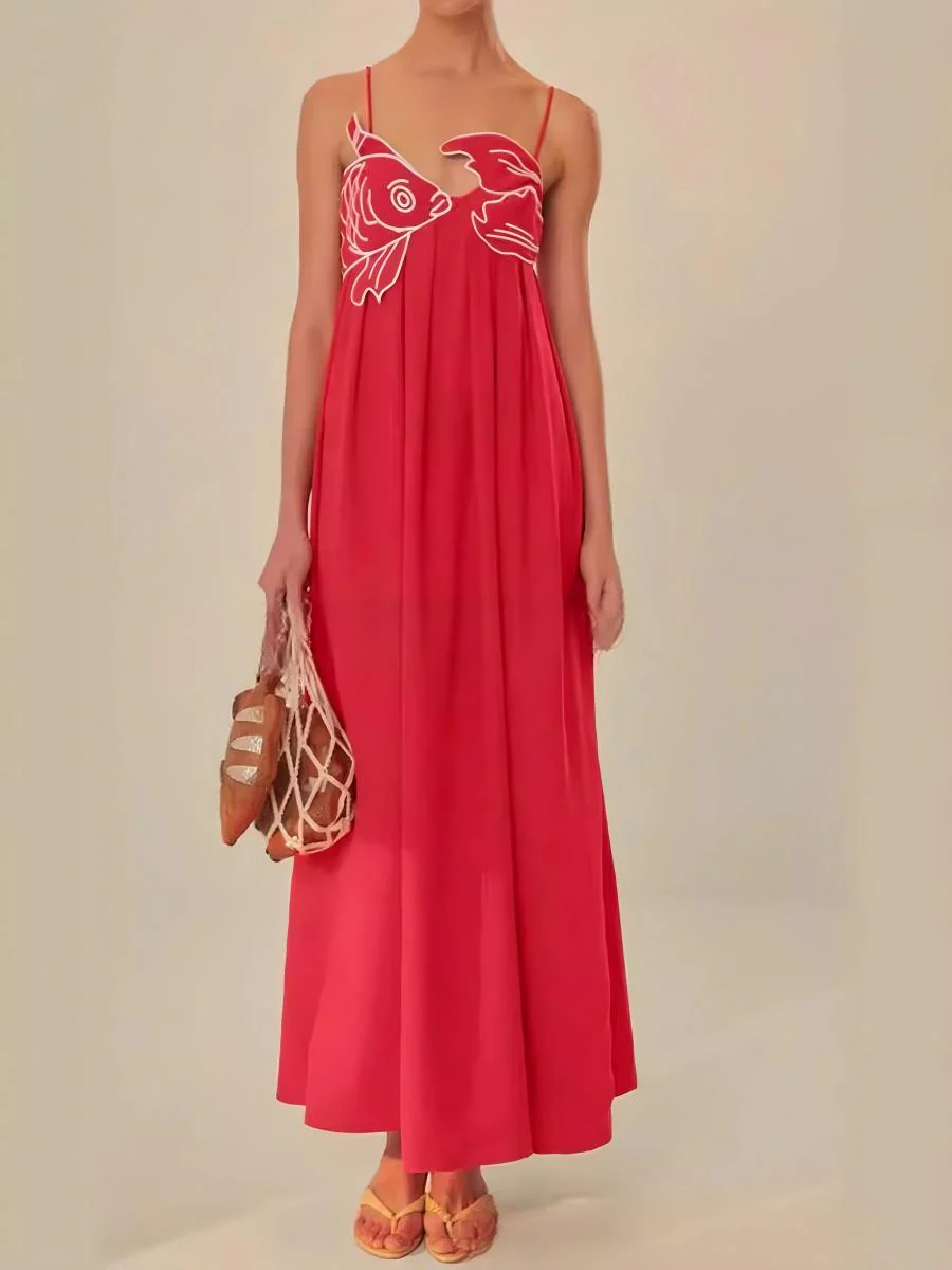 Fish-shaped 3D Embroidered Strapless Pleated Spaghetti Strap Long Dress - Image 2