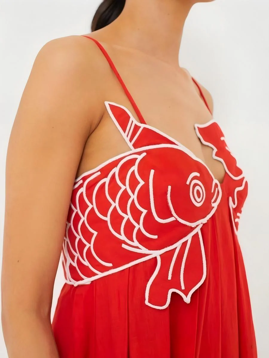 Fish-shaped 3D Embroidered Strapless Pleated Spaghetti Strap Long Dress - Image 3