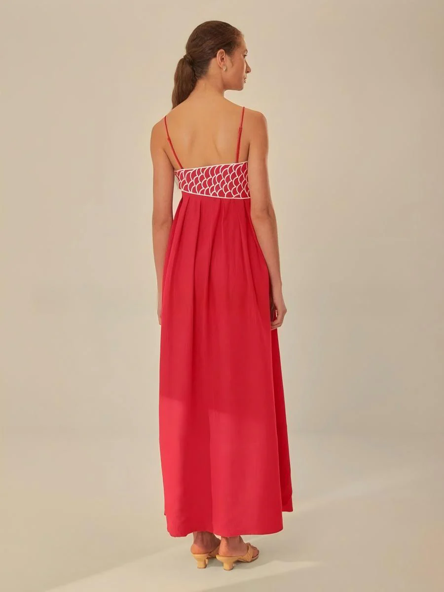 Fish-shaped 3D Embroidered Strapless Pleated Spaghetti Strap Long Dress - Image 4