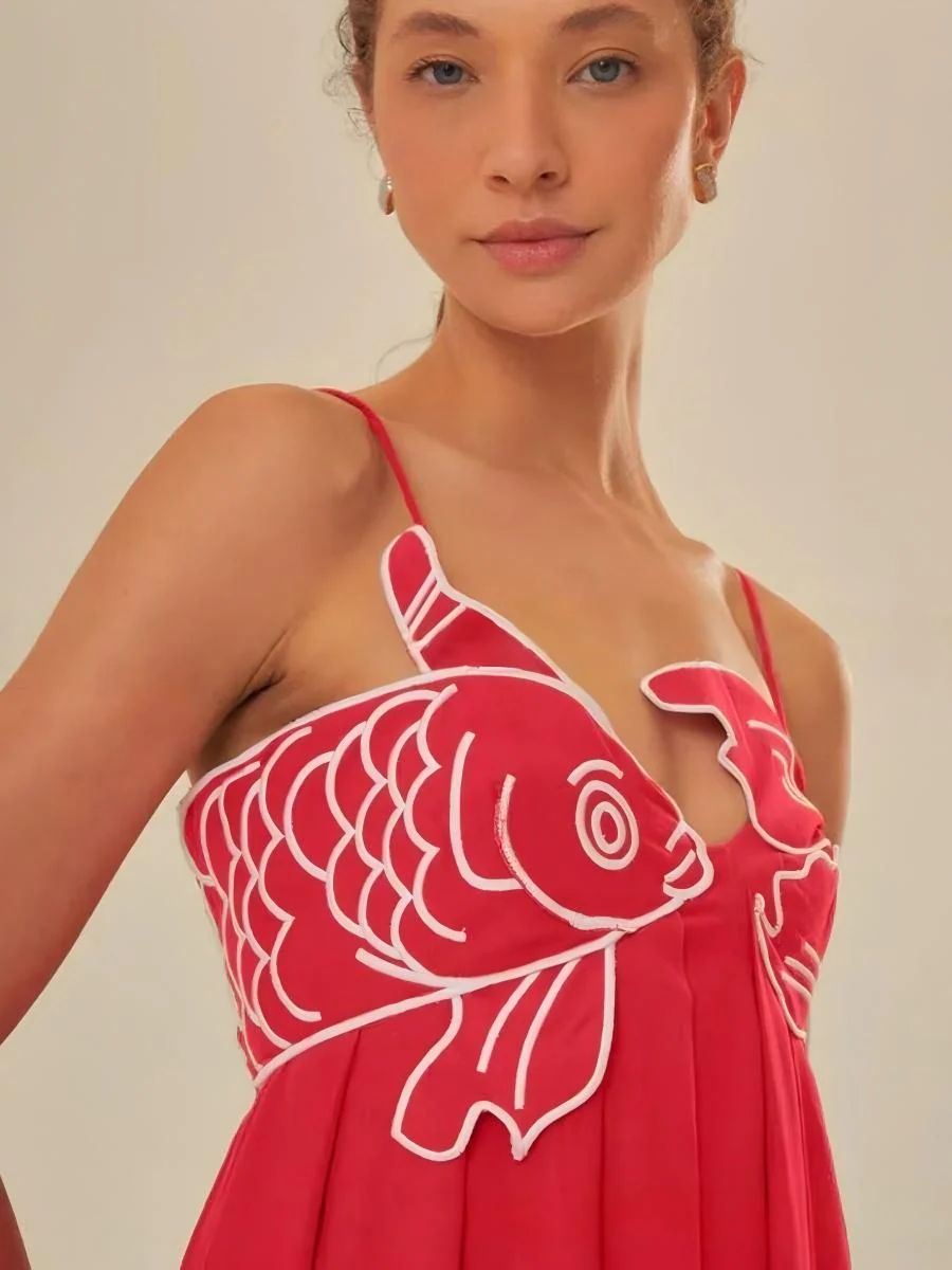 Fish-shaped 3D Embroidered Strapless Pleated Spaghetti Strap Long Dress - Image 5