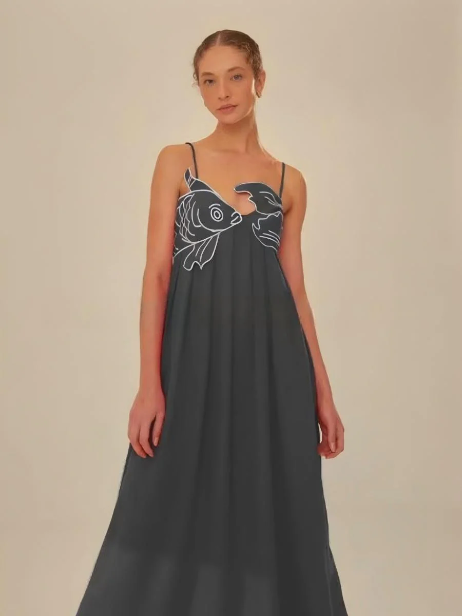 Fish-shaped 3D Embroidered Strapless Pleated Spaghetti Strap Long Dress - Image 6