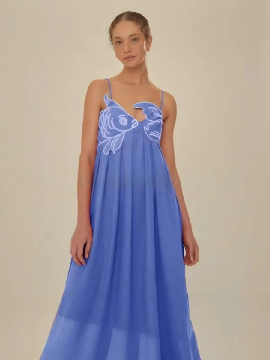 Fish-shaped 3D Embroidered Strapless Pleated Spaghetti Strap Long Dress - Image 7