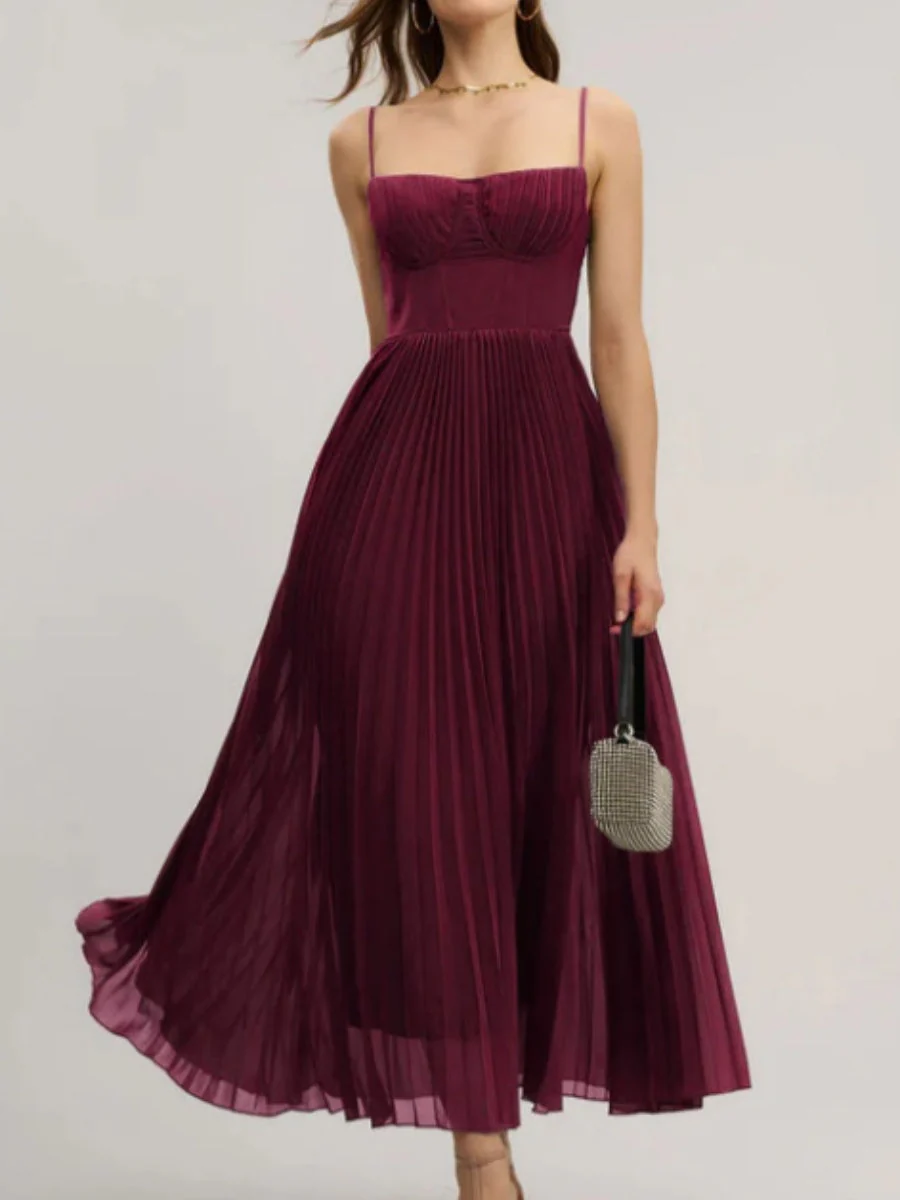 Sleeveless Deep V Slim Fit Pleated Camisoles Maxi Dresses - Image 10