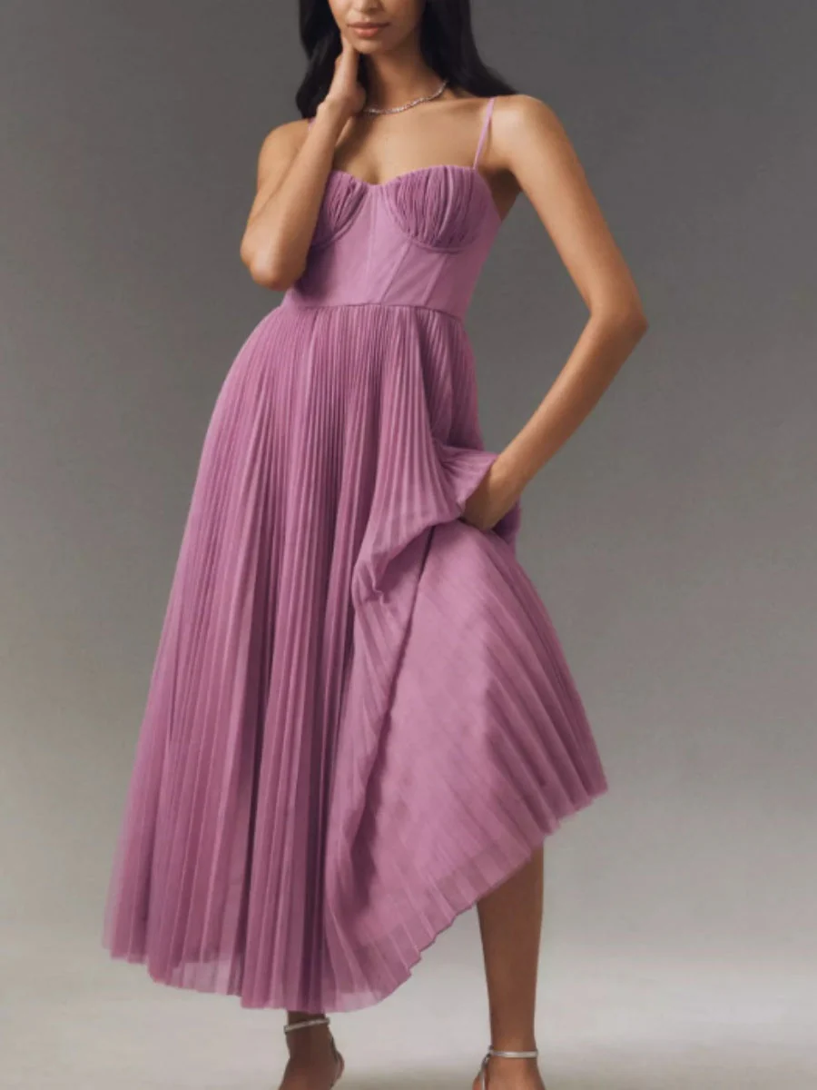 Sleeveless Deep V Slim Fit Pleated Camisoles Maxi Dresses - Image 11