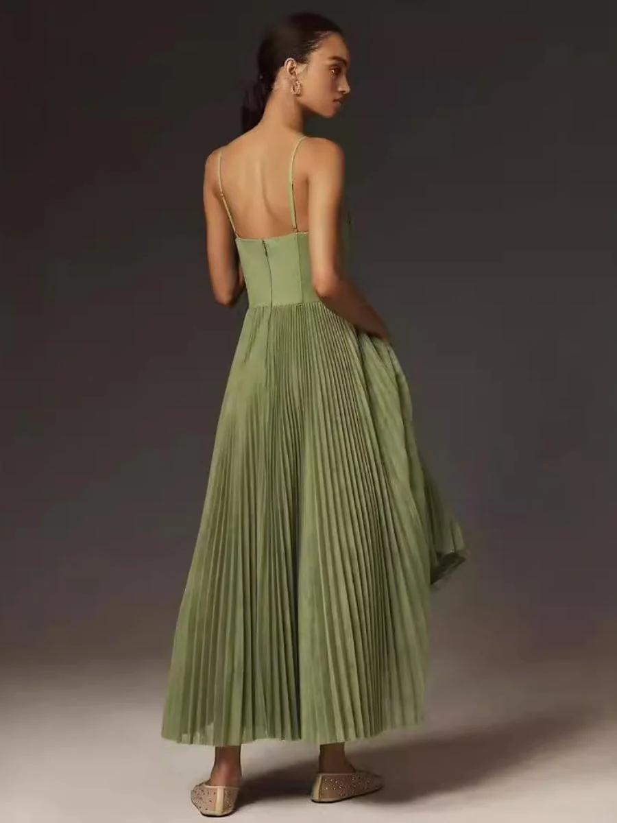 Sleeveless Deep V Slim Fit Pleated Camisoles Maxi Dresses - Image 3