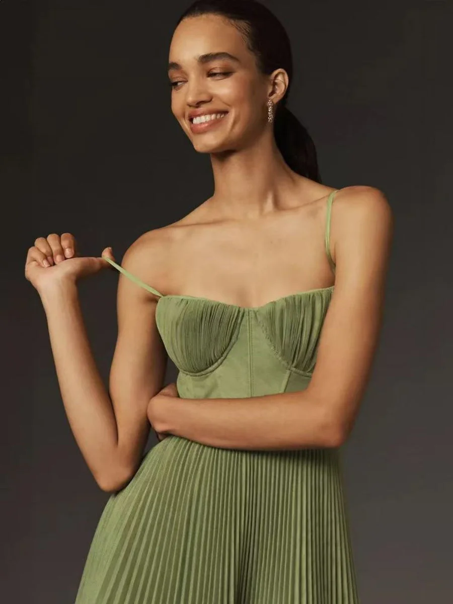 Sleeveless Deep V Slim Fit Pleated Camisoles Maxi Dresses - Image 4