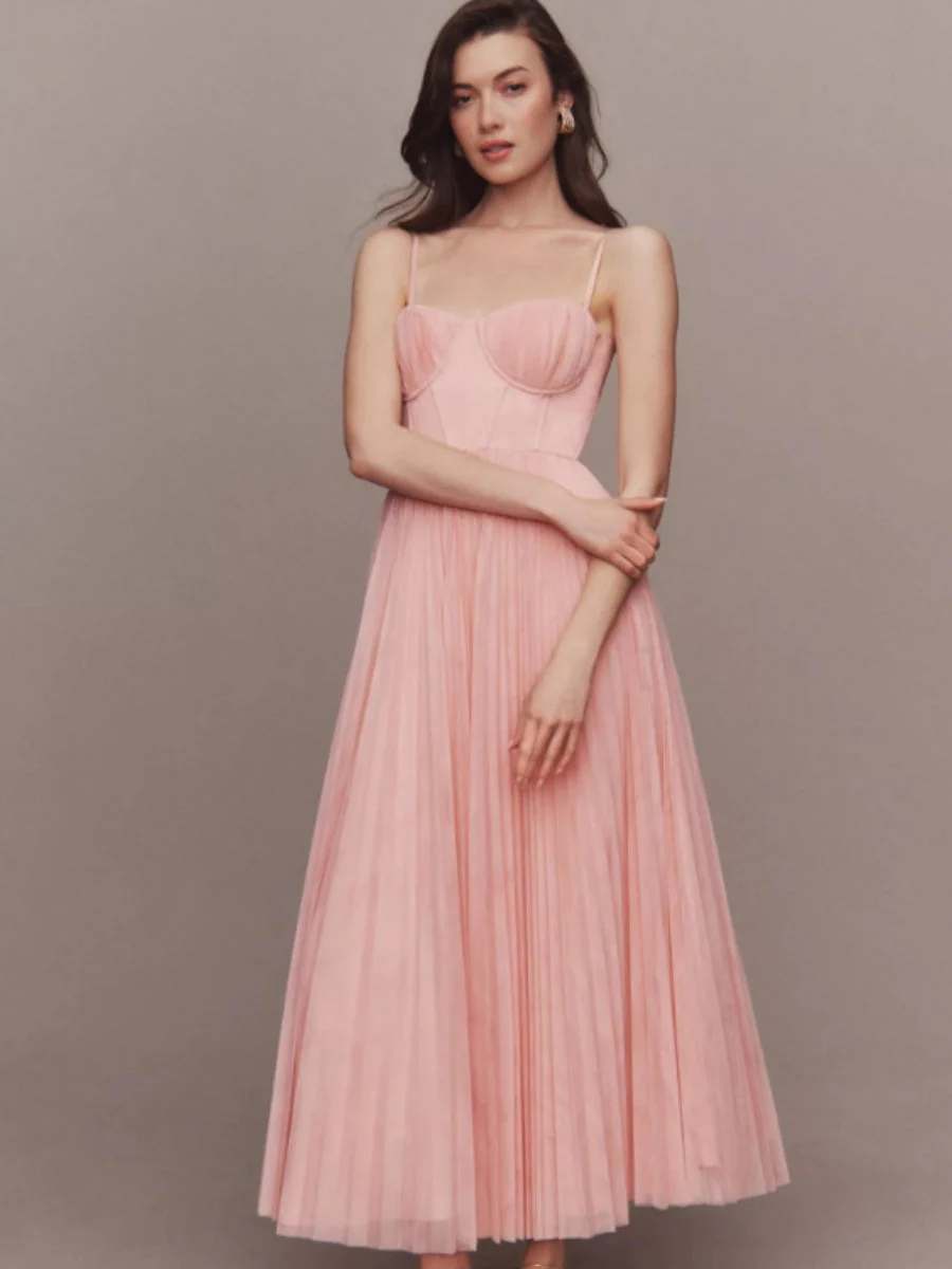 Sleeveless Deep V Slim Fit Pleated Camisoles Maxi Dresses - Image 7