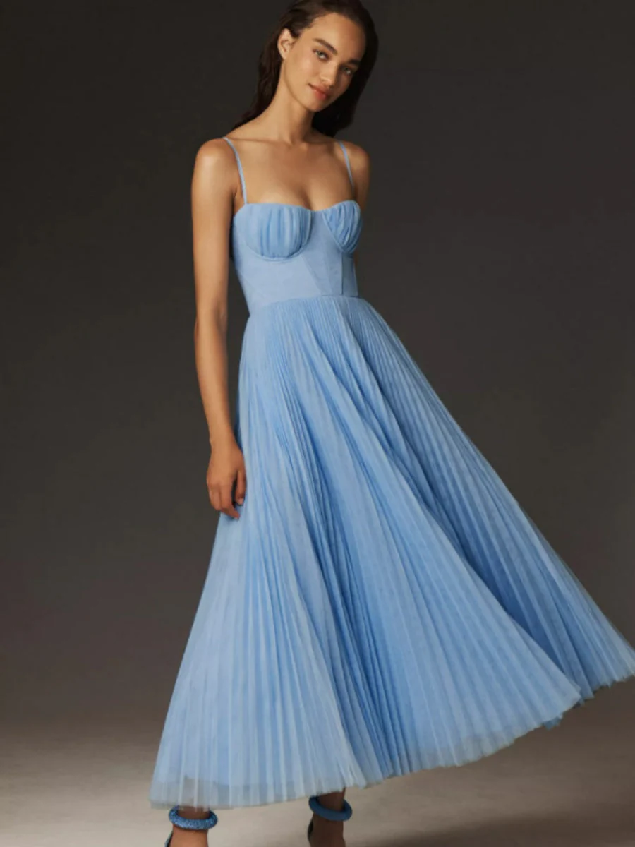 Sleeveless Deep V Slim Fit Pleated Camisoles Maxi Dresses - Image 8