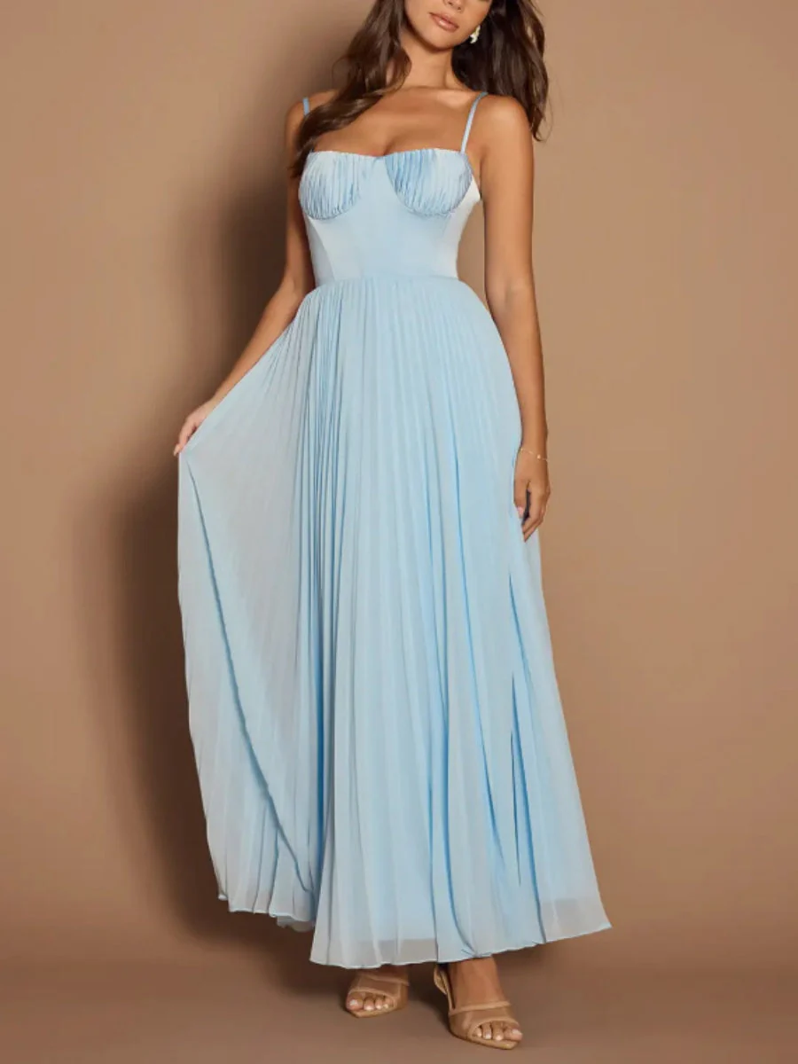 Sleeveless Deep V Slim Fit Pleated Camisoles Maxi Dresses - Image 9