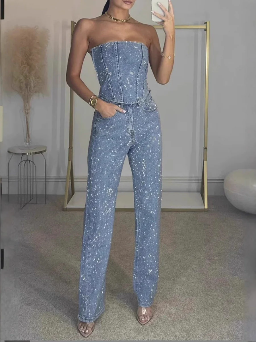 Sexy Off-shoulder Sequins Tube Top Pants 2-piece Sets - Image 3